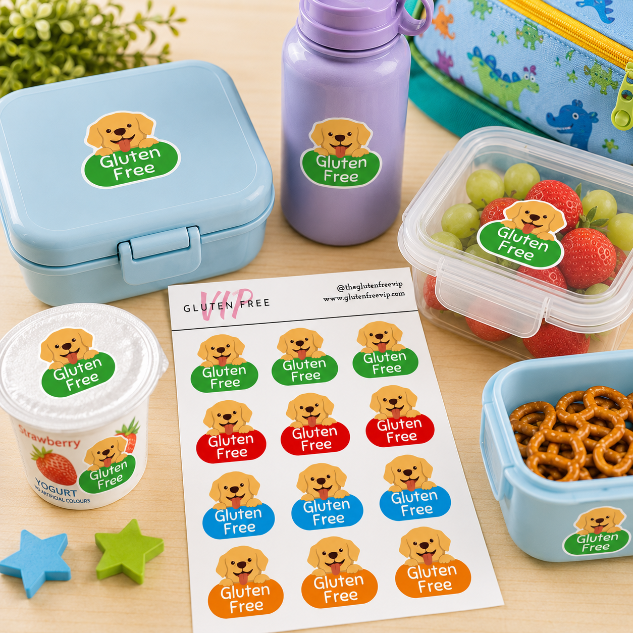 Colourful dog gluten free kids labels on lunch containers, water bottle, yogurt cup, and snack boxes