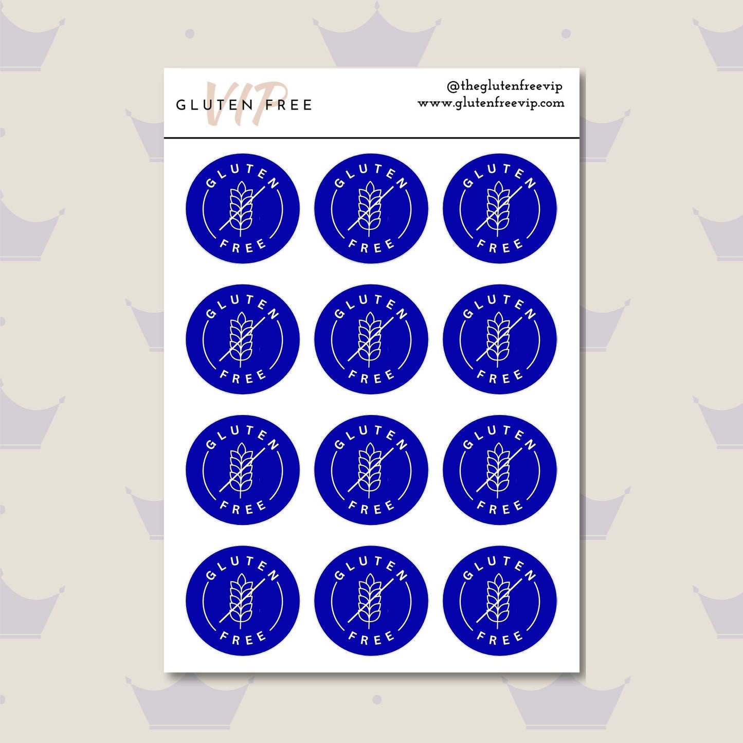 Sheet of royal blue round “Gluten Free” pantry labels with a wheat symbol.