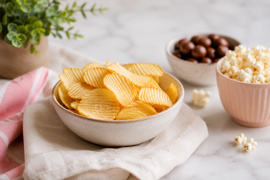 Generic snack spread with chips, popcorn and chocolate on a bright table
