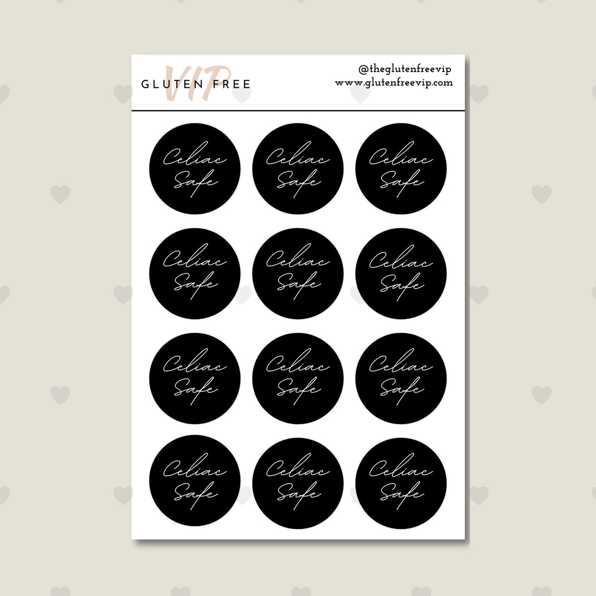 Sheet of black round “Celiac Safe” labels with white script lettering.