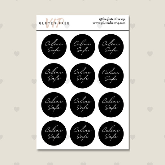 Sheet of black round “Celiac Safe” labels with white script lettering.