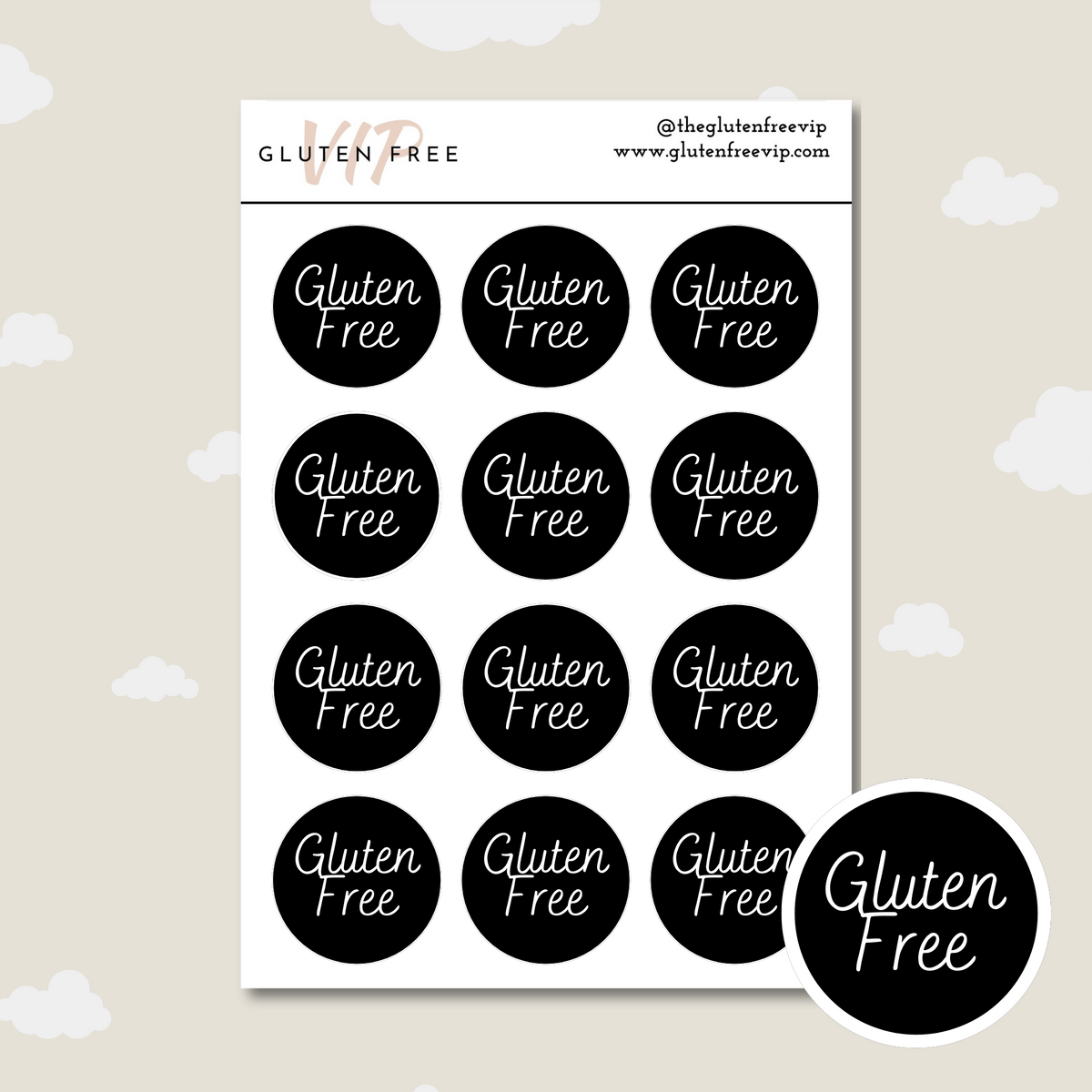 Sheet of black round “Gluten Free” labels with white lettering.