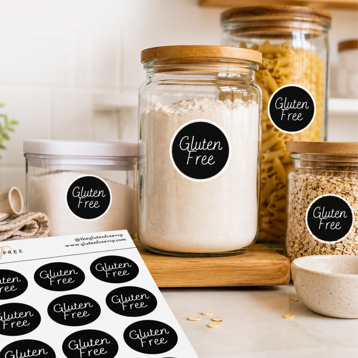 Black gluten free labels with handwritten-style lettering on glass pantry jars and label sheet