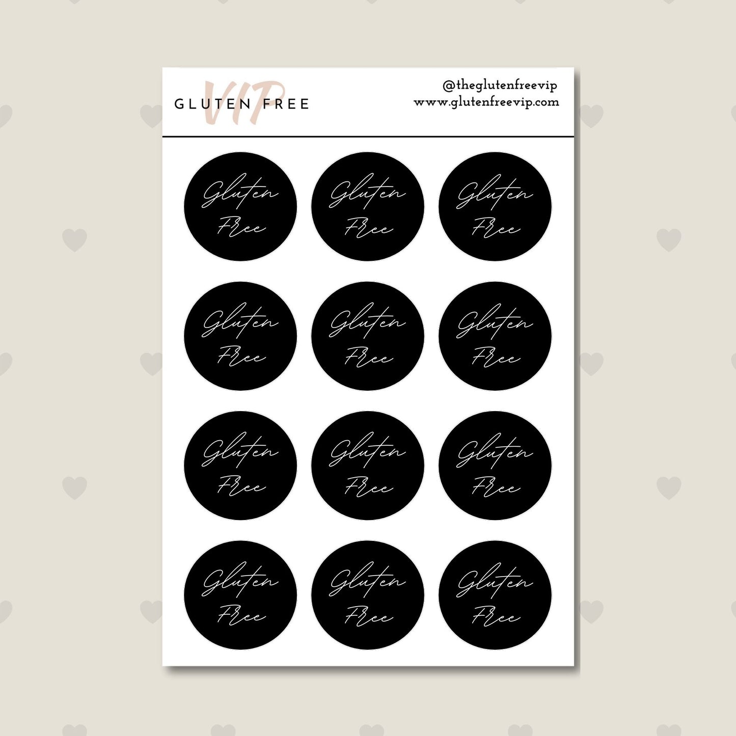 Sheet of black round “Gluten Free” labels with white script lettering.