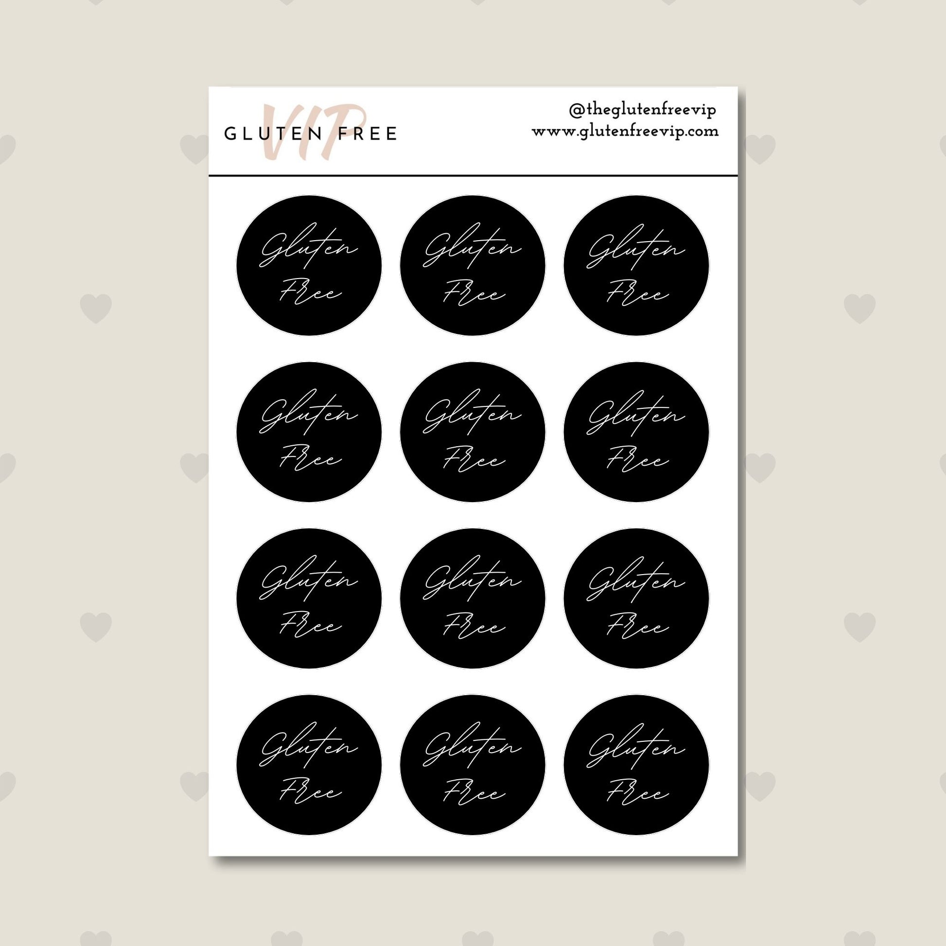Sheet of black round “Gluten Free” labels with white script lettering.