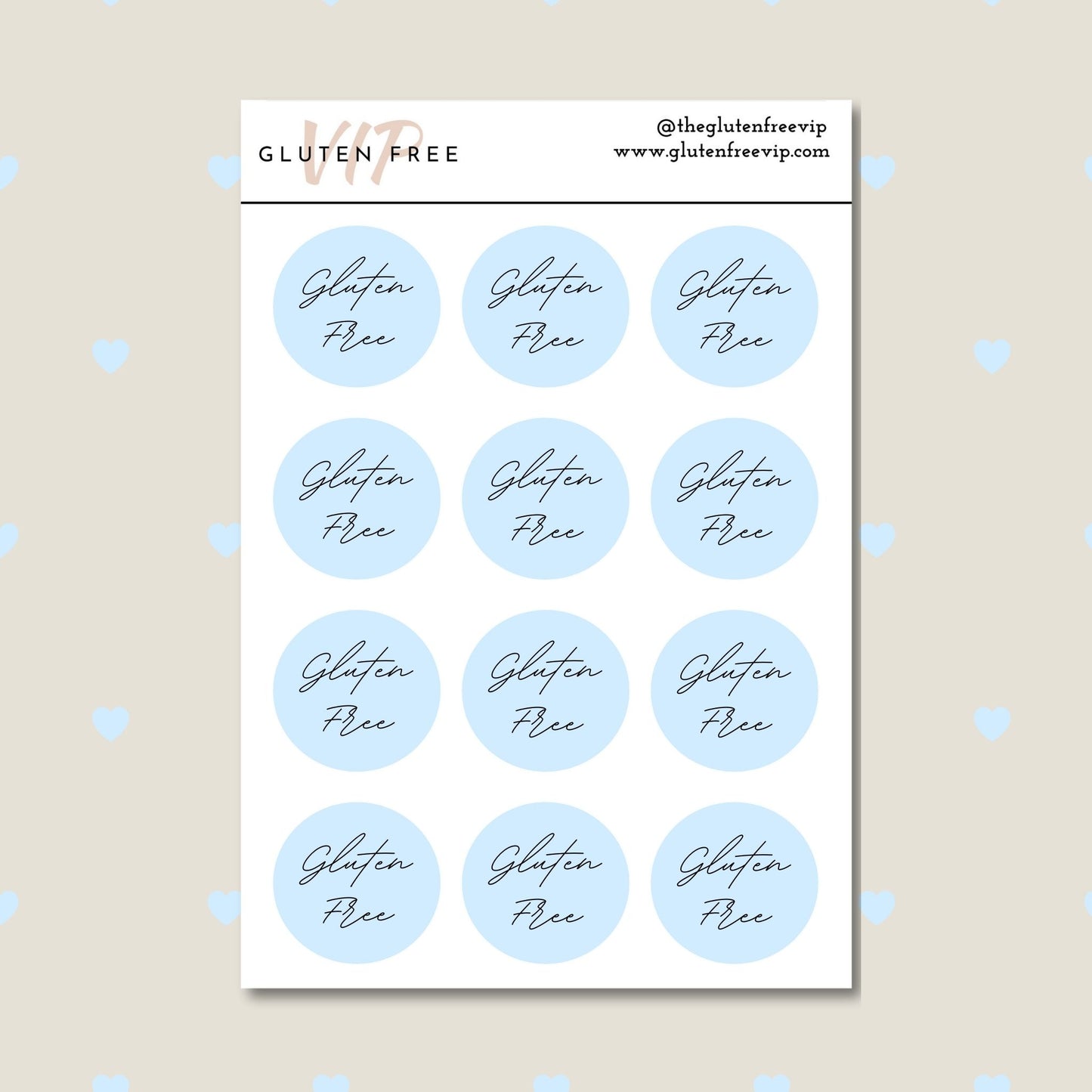 Sheet of blue round “Gluten Free” labels with script lettering.