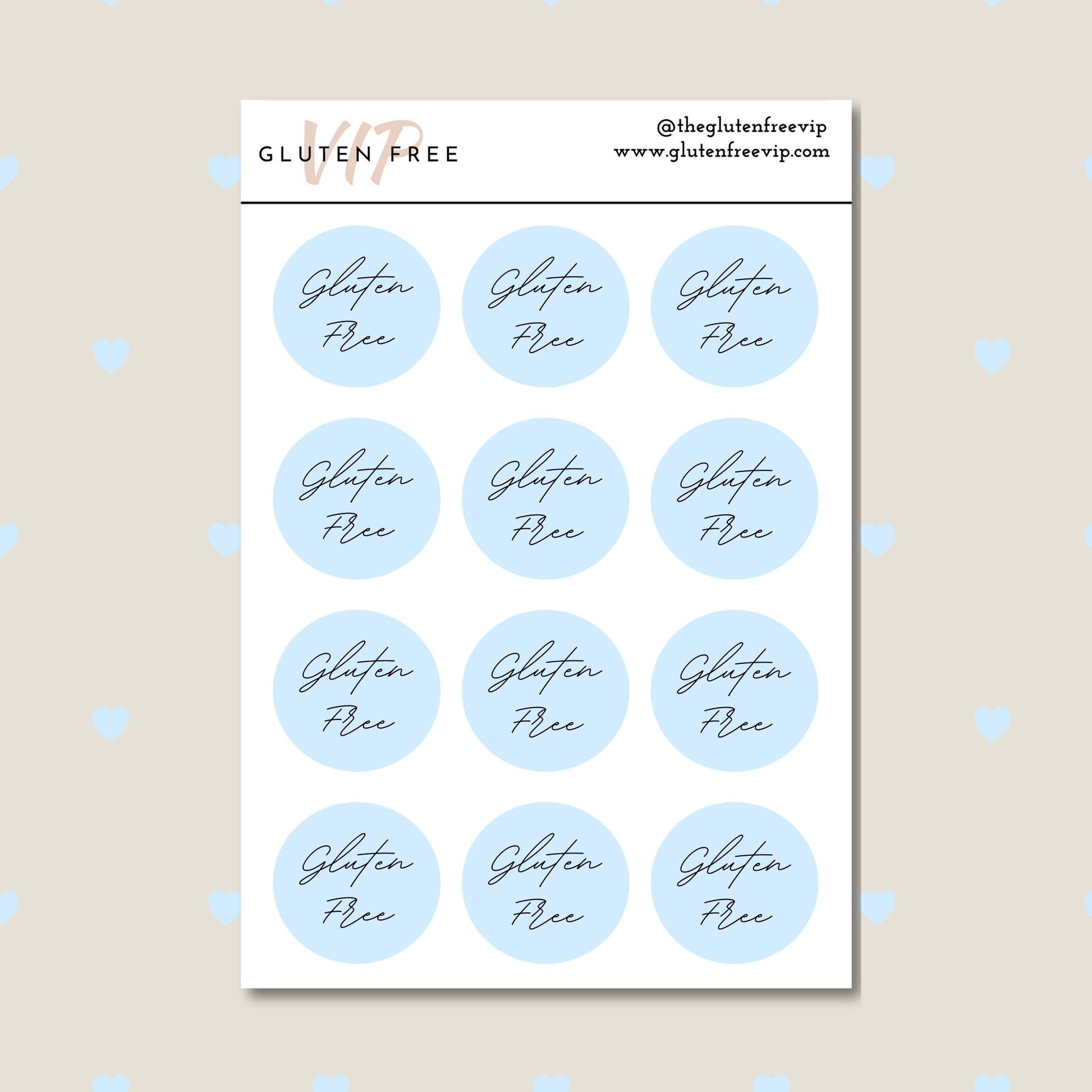 Sheet of blue round “Gluten Free” labels with script lettering.