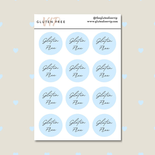 Sheet of blue round “Gluten Free” labels with script lettering.