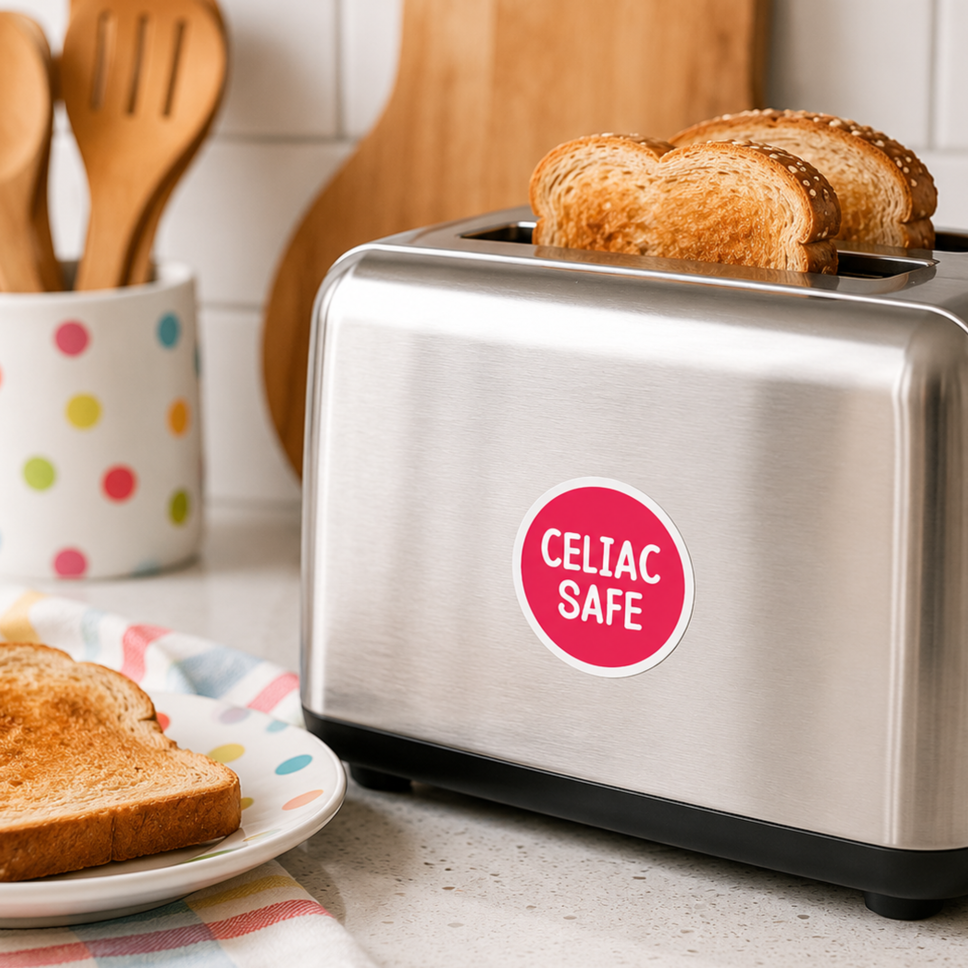 Celiac safe gluten free label shown on a stainless steel toaster in a bright kitchen, helping identify a dedicated gluten free toaster.