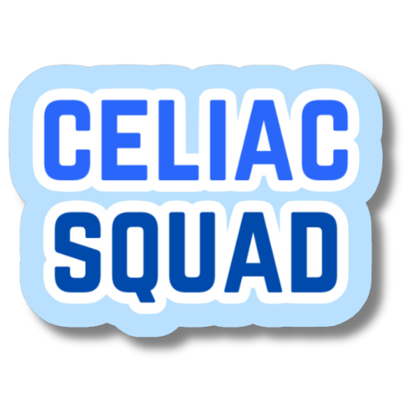 Blue “Celiac Squad” sticker with bold white lettering and a light blue background.