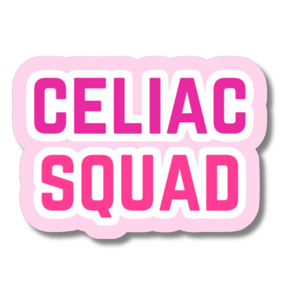 Pink “Celiac Squad” sticker with bold white lettering and a light pink background.
