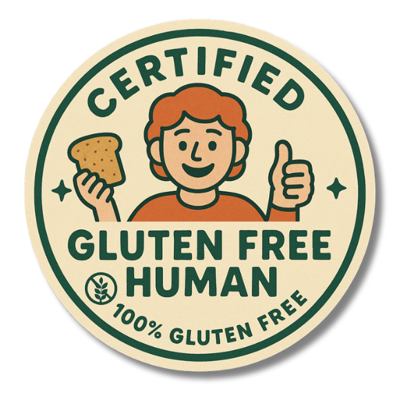 Certified Gluten Free Human sticker with a person holding bread and giving a thumbs up on a beige background.