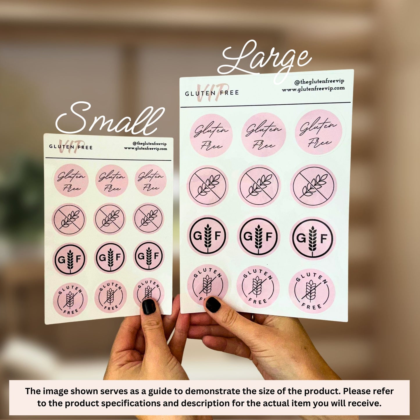 Small and large gluten free label sheets shown side by side with pink label designs.