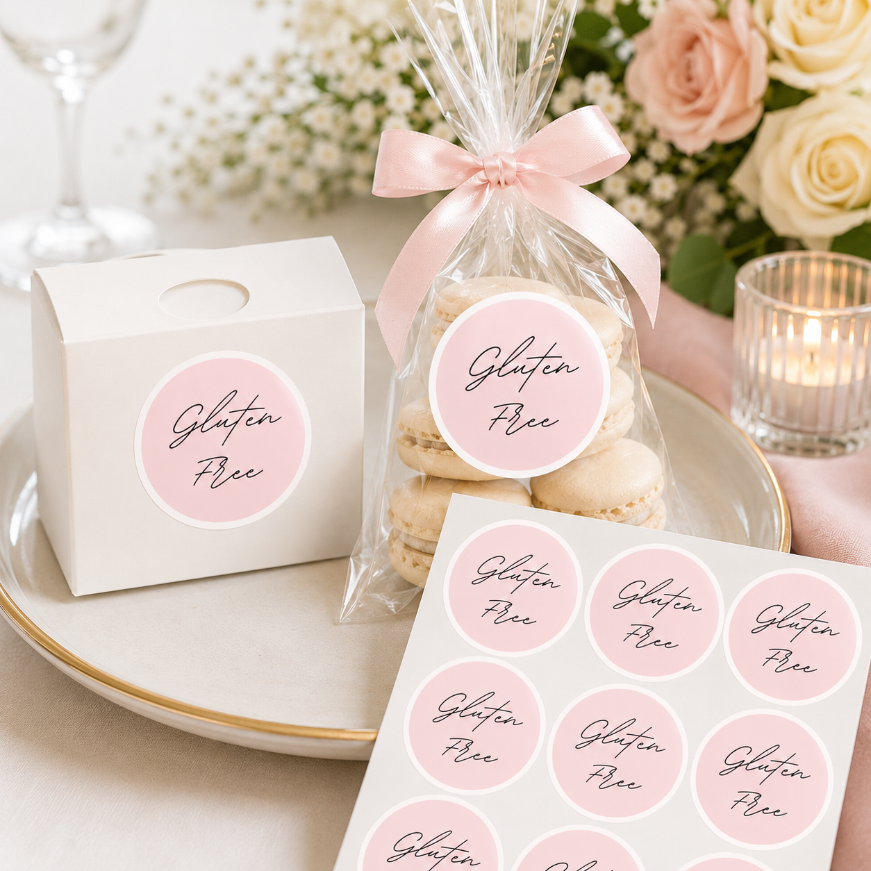 Pink “Gluten Free” labels on party favour boxes, treat bags, and a label sheet at an event table.