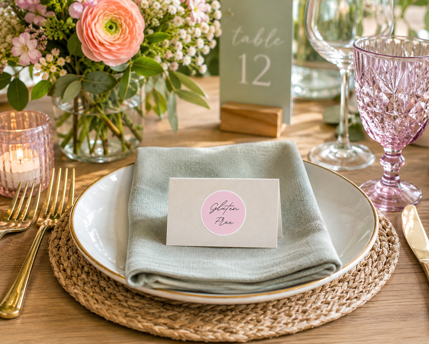 Pink gluten free label with delicate elegant-style lettering on a white event place card