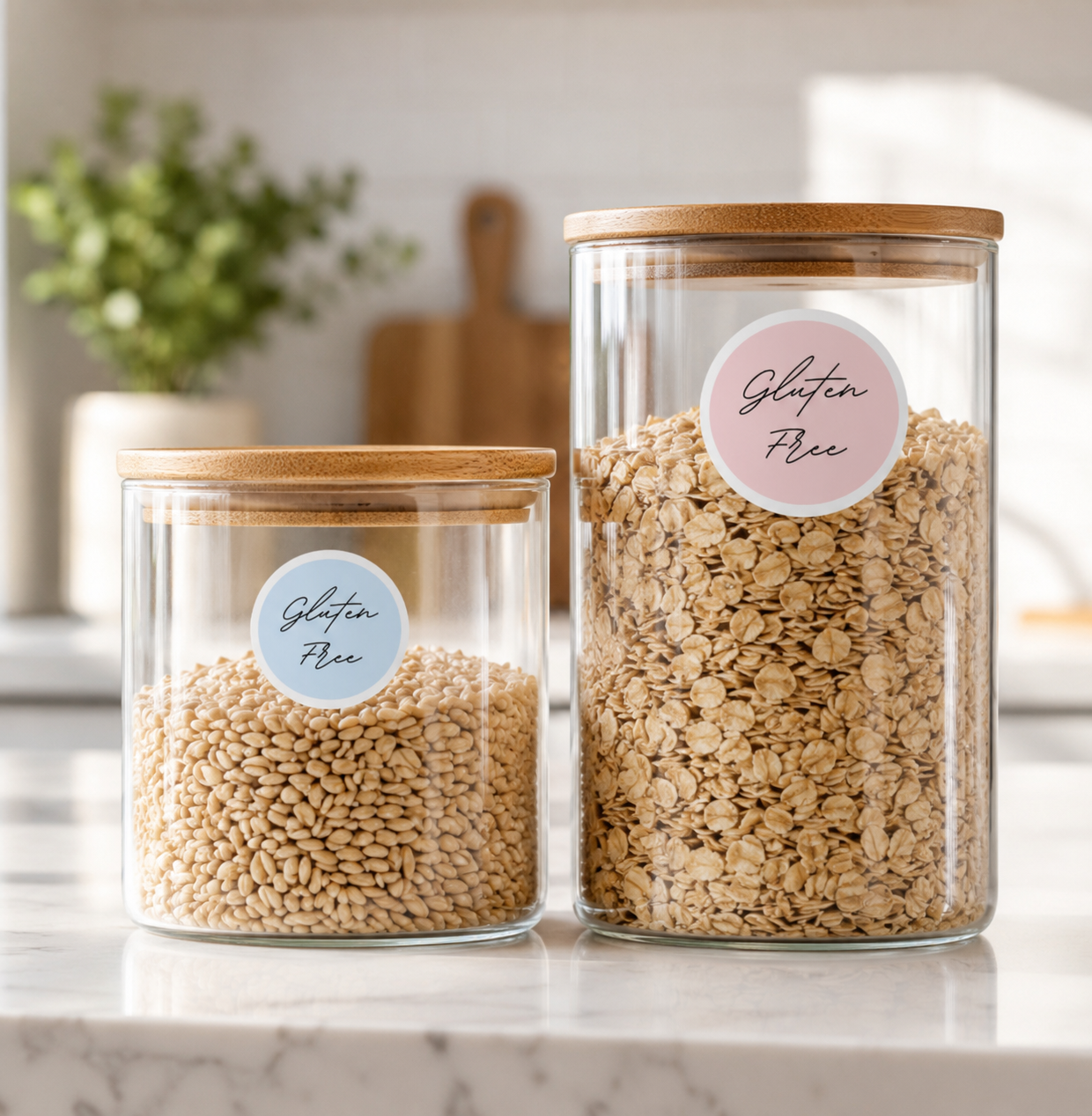 Blue and pink gluten free labels with delicate elegant-style lettering on glass pantry jars