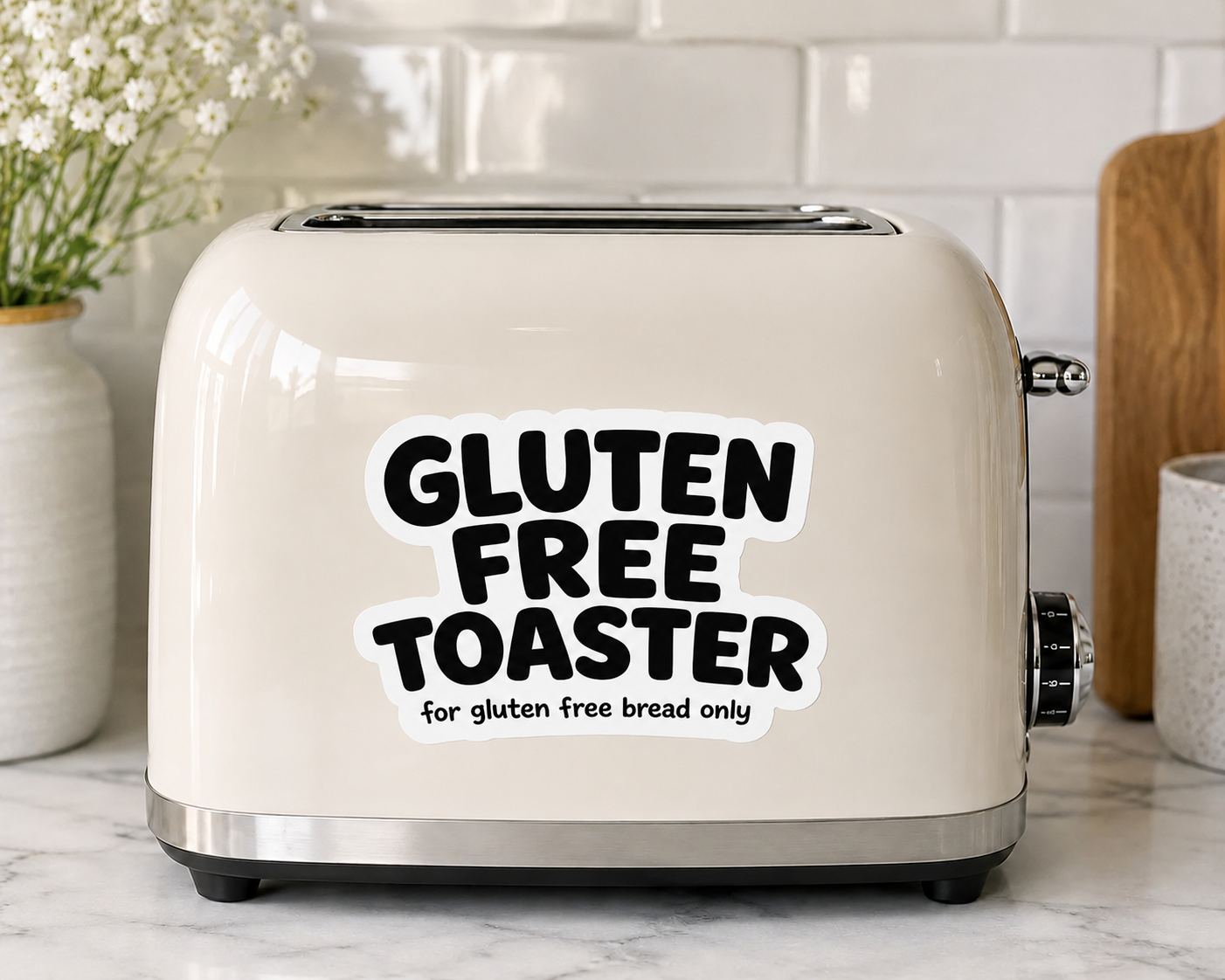 Gluten free toaster sticker in black and white on white toaster 
