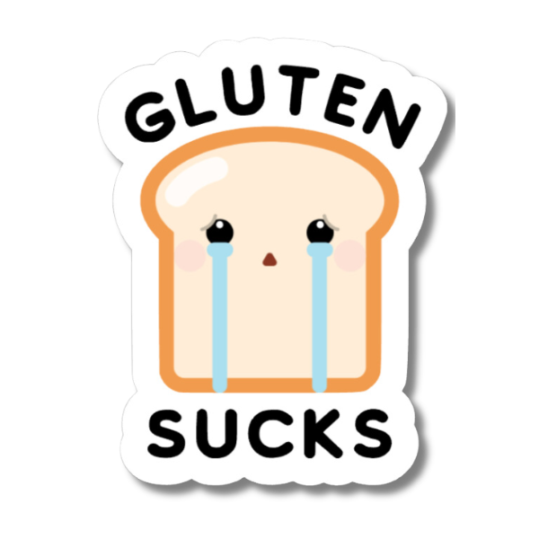 Cute “Gluten Sucks” sticker with a crying toast character and black text on a white background.
