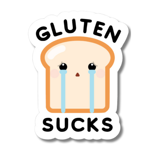 Cute “Gluten Sucks” sticker with a crying toast character and black text on a white background.