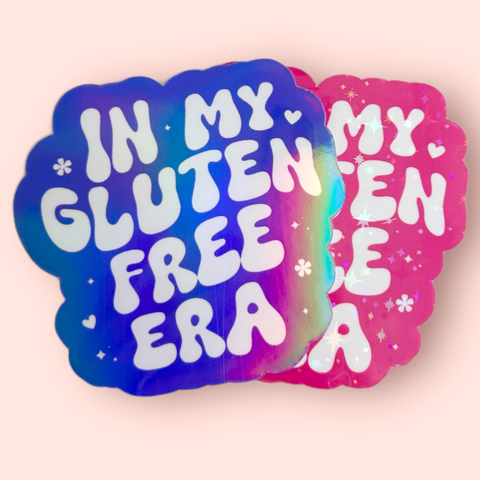 Holographic “In My Gluten Free Era” sticker with blue, pink, and rainbow reflective colours.