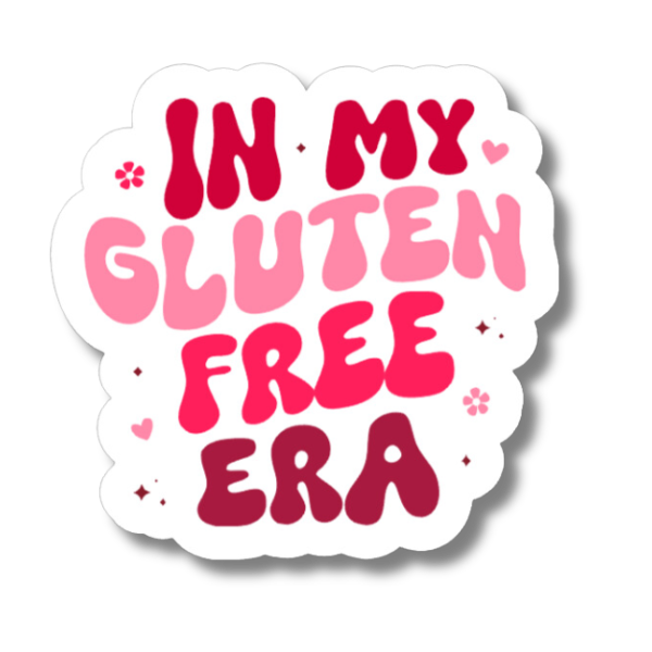 Pink and red “In My Gluten Free Era” sticker with hearts, flowers, and small sparkle details.