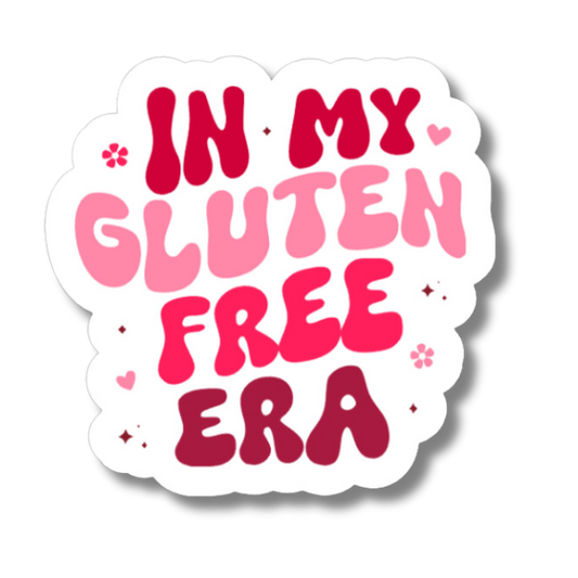 Pink and red “In My Gluten Free Era” sticker with hearts, flowers, and small sparkle details.