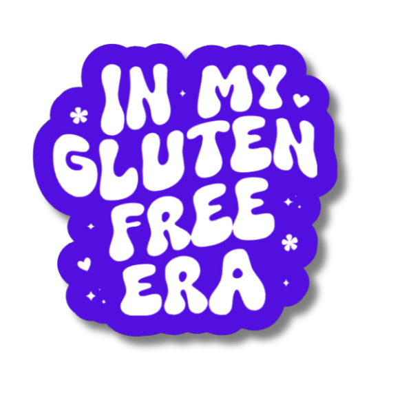 Purple “In My Gluten Free Era” sticker with white lettering and small sparkle details.