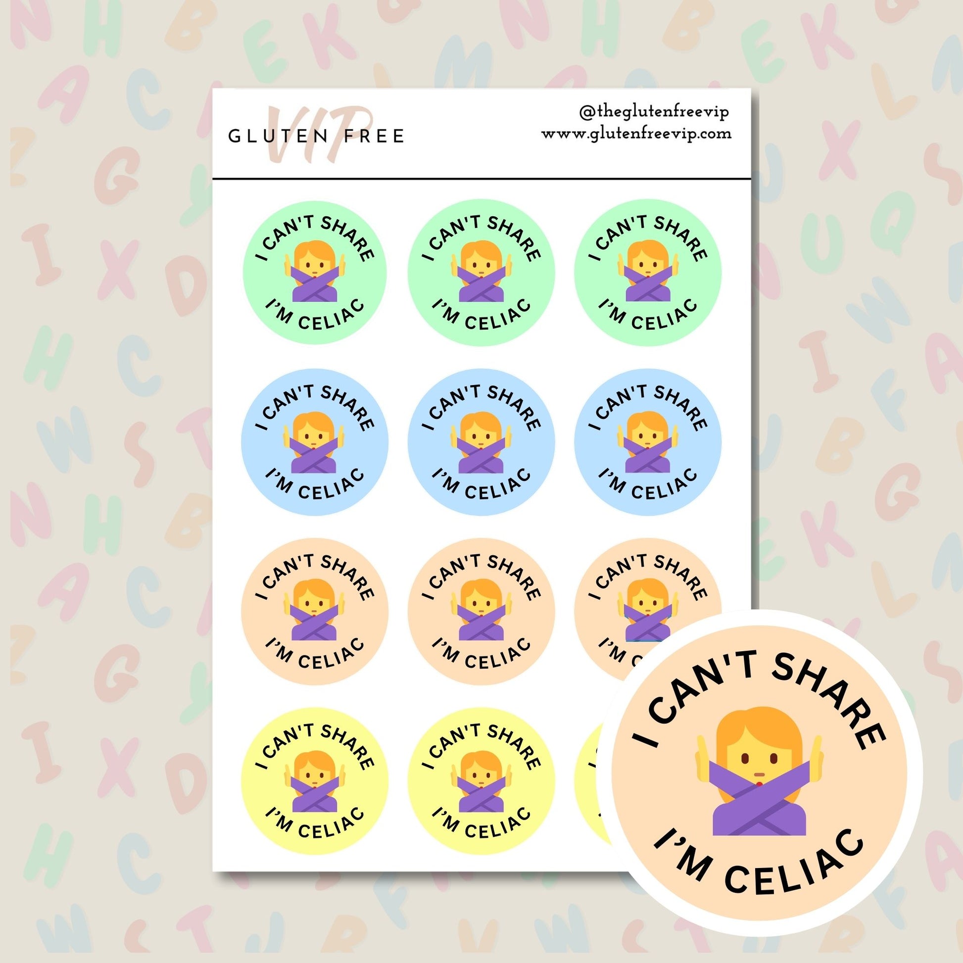 Pastel kids “I Can’t Share, I’m Celiac” label sheet with soft green, blue, yellow, and peach labels.