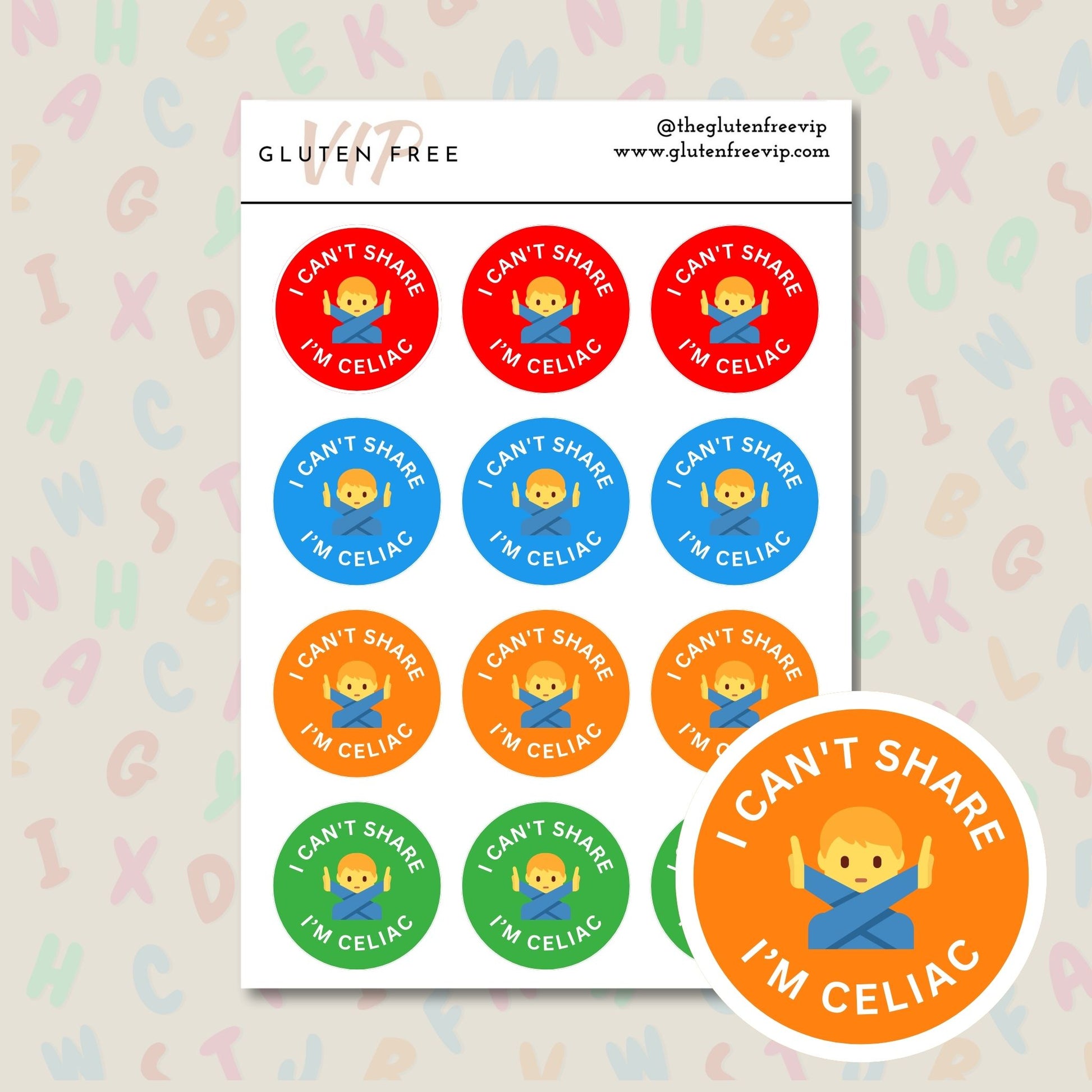 Bright kids “I Can’t Share, I’m Celiac” label sheet with red, blue, orange, and green labels.