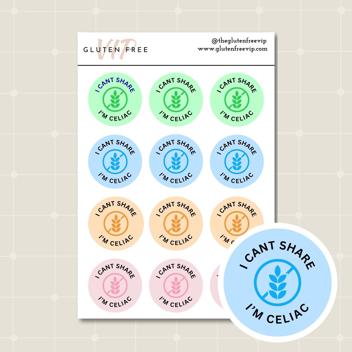 Soft pastel “I Can’t Share, I’m Celiac” label sheet with green, blue, orange, and pink labels.