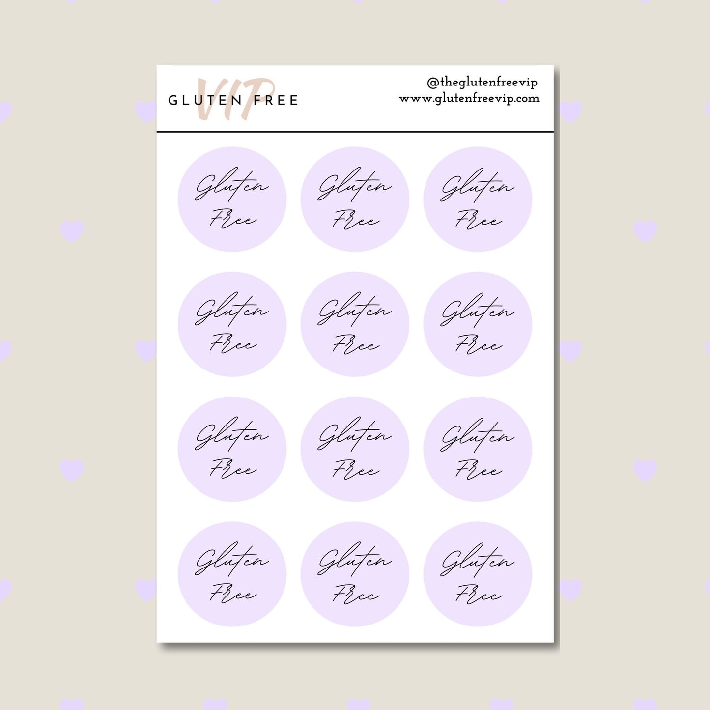Sheet of lavender round “Gluten Free” labels with script lettering.