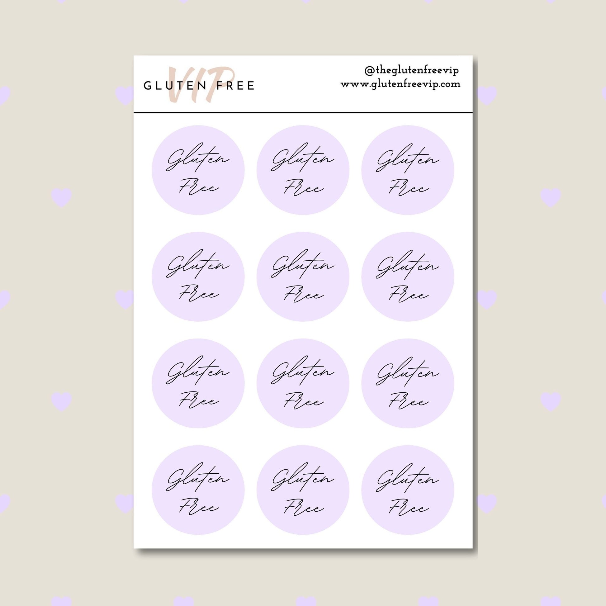 Sheet of lavender round “Gluten Free” labels with script lettering.
