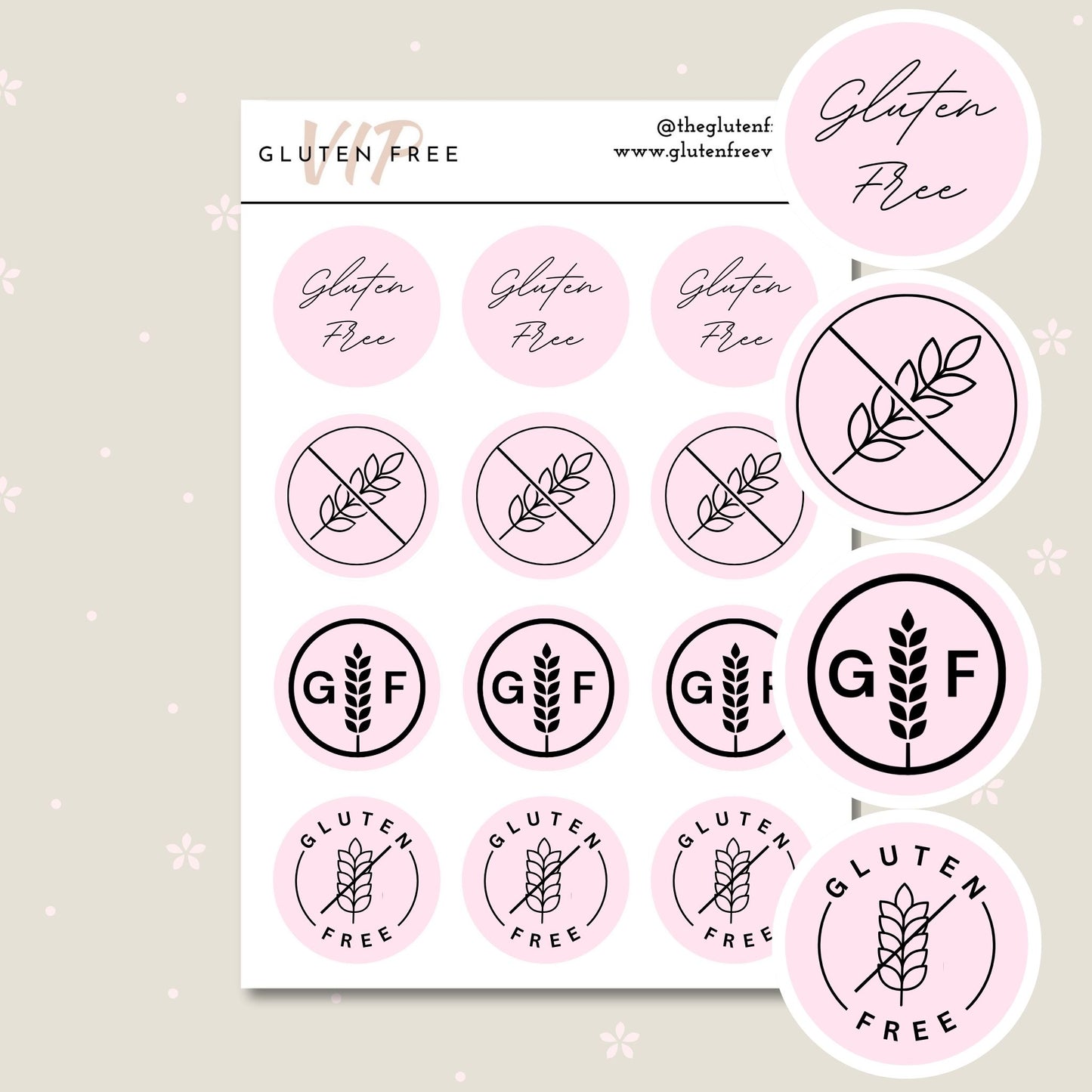 Pink gluten free label mix sheet with script text, wheat symbols, and gluten free icon designs.