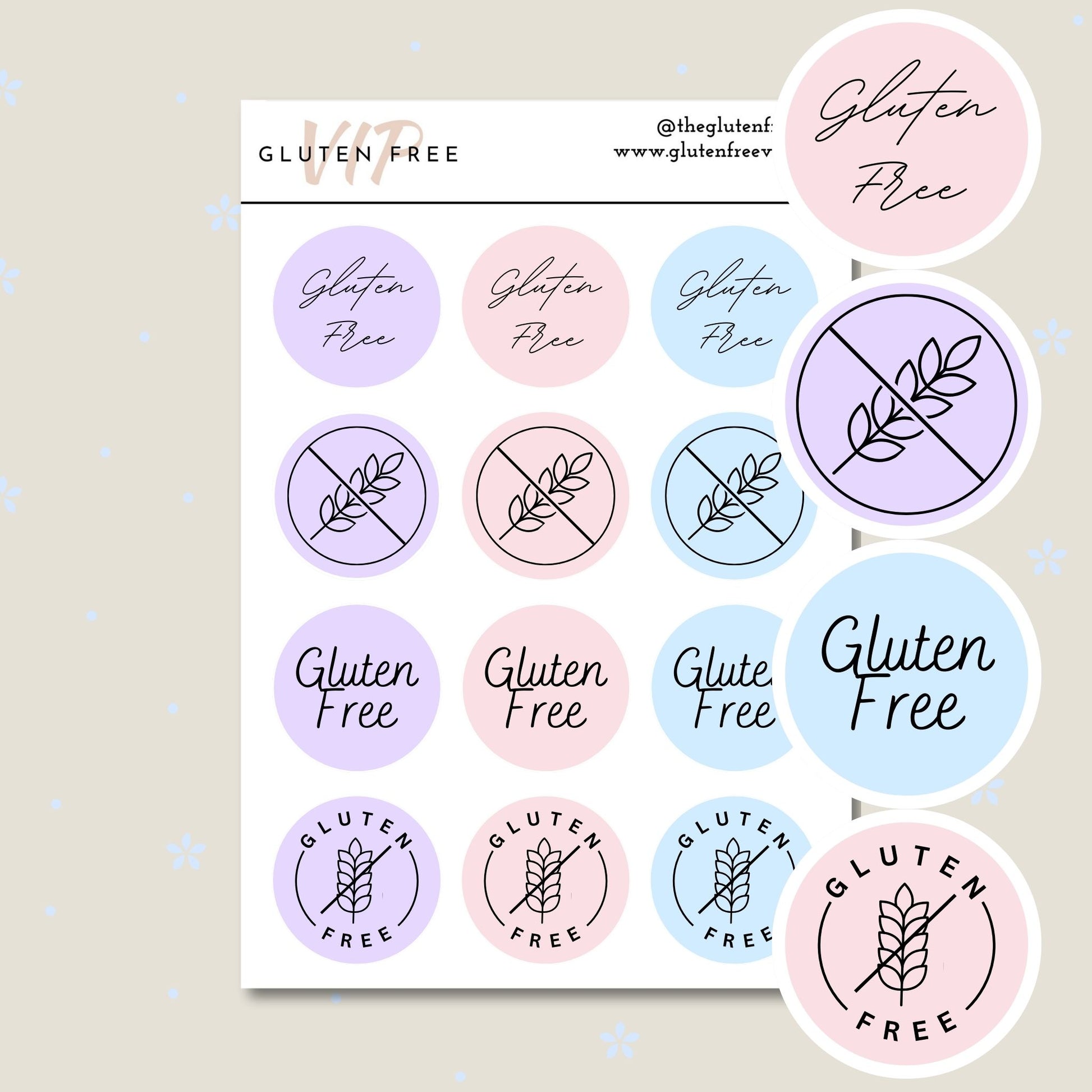 Pastel gluten free label mix sheet with pink, purple, blue, and white round labels in multiple designs.