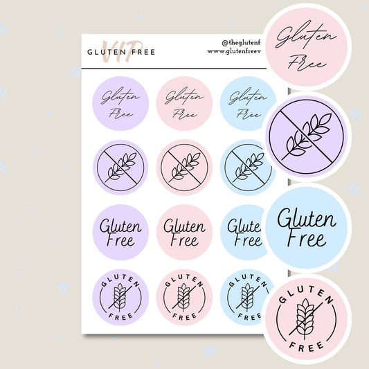 Pastel gluten free label mix sheet with pink, purple, blue, and white round labels in multiple designs.