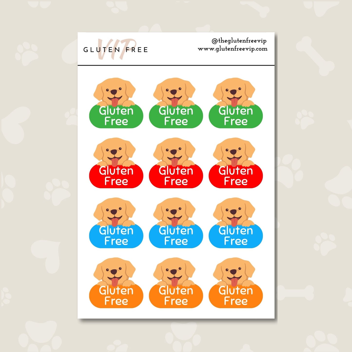 Sheet of colourful dog-themed “Gluten Free” labels in green, red, blue, and orange.