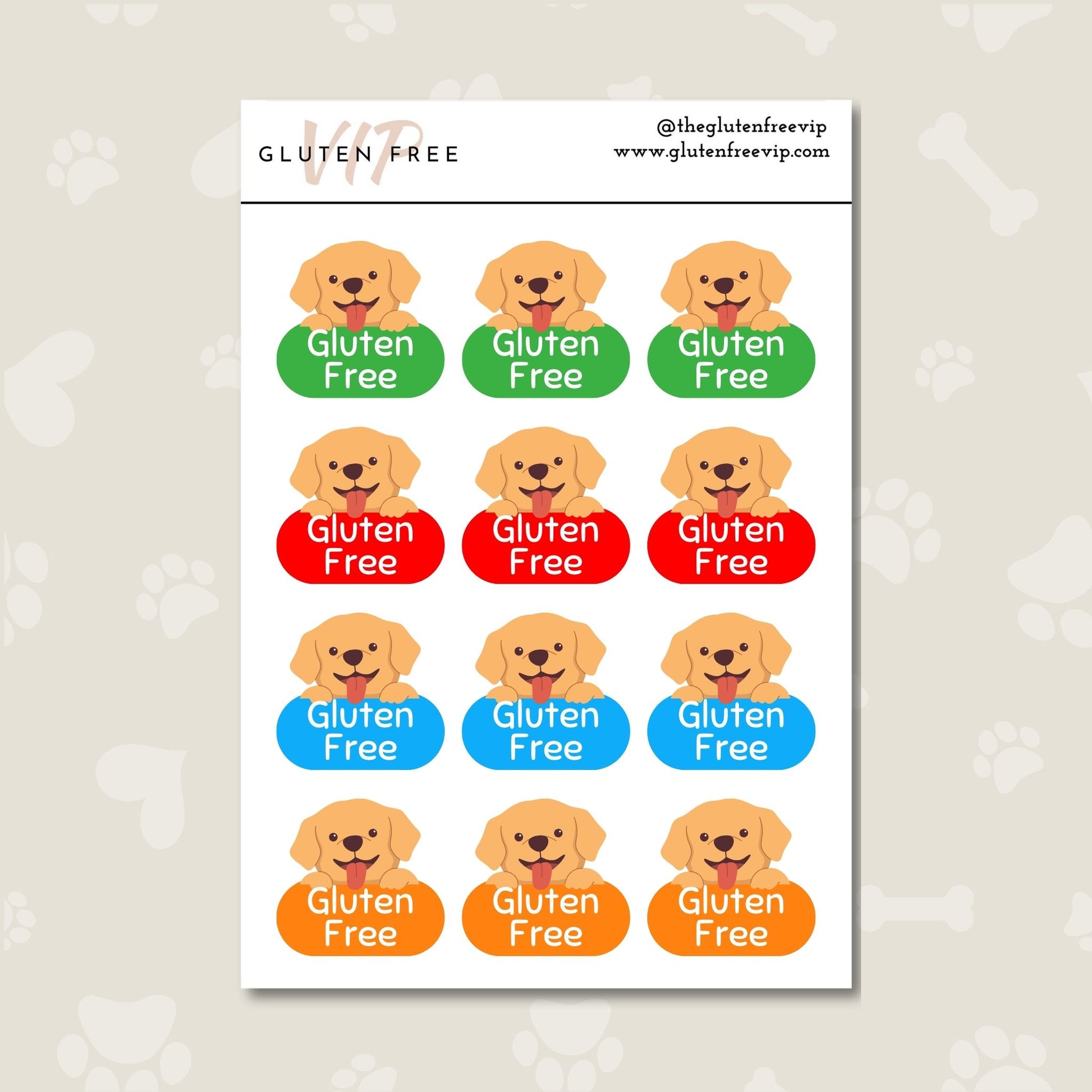 Sheet of colourful dog-themed “Gluten Free” labels in green, red, blue, and orange.