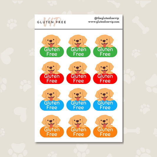Sheet of colourful dog-themed “Gluten Free” labels in green, red, blue, and orange.