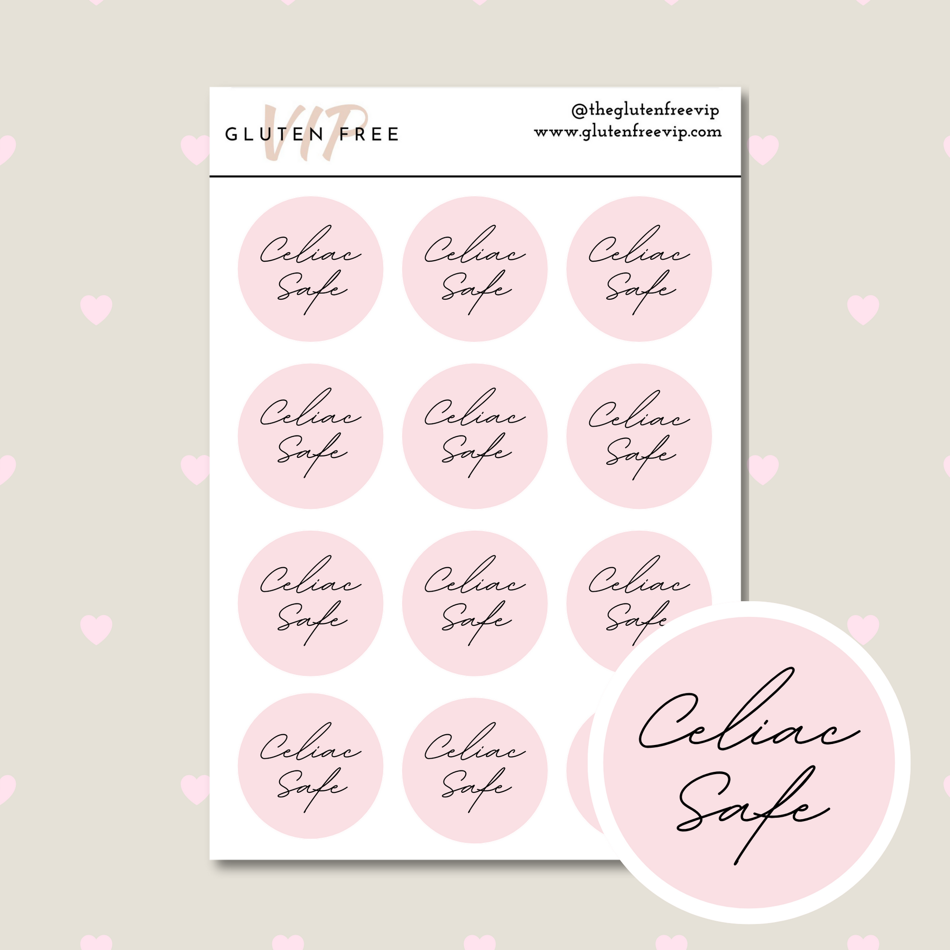 Sheet of pink round “Celiac Safe” labels with script lettering.