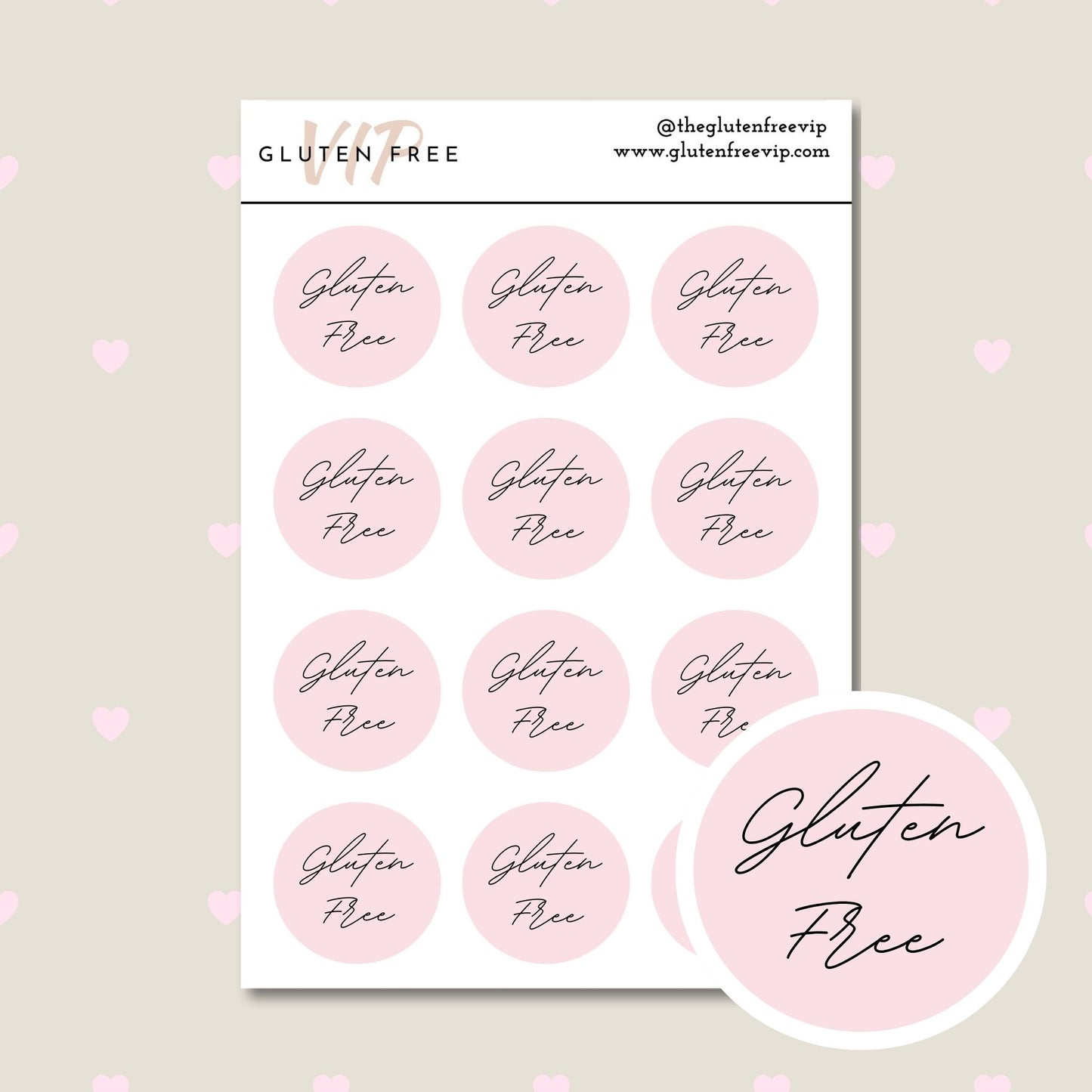 Sheet of pink round “Gluten Free” labels with script lettering.