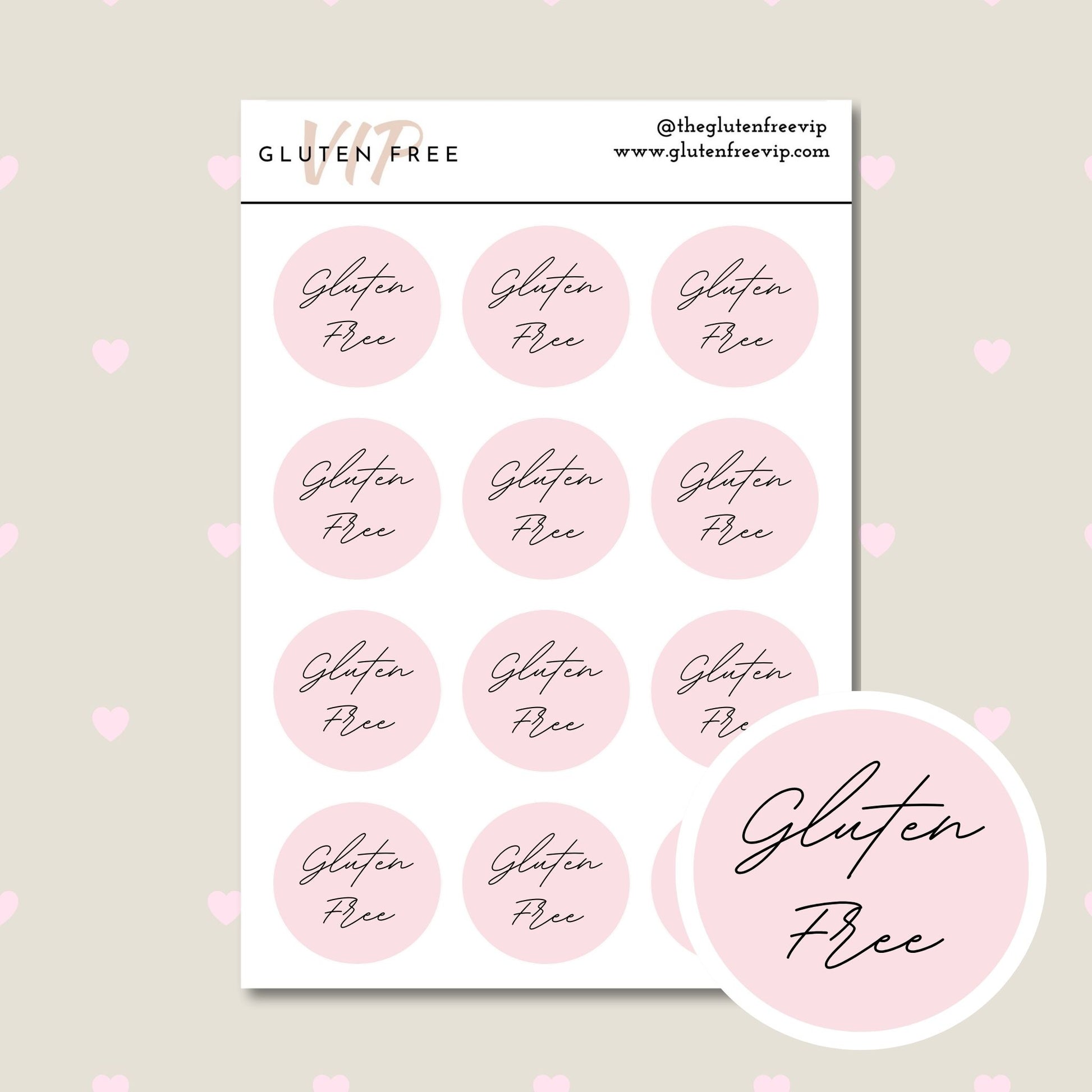 Sheet of pink round “Gluten Free” labels with script lettering.