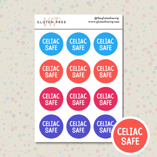 A sheet of round, vinyl labels in various colors with the text 'CELIAC SAFE' printed on them, designed for marking food and household items as safe for people with celiac disease.
