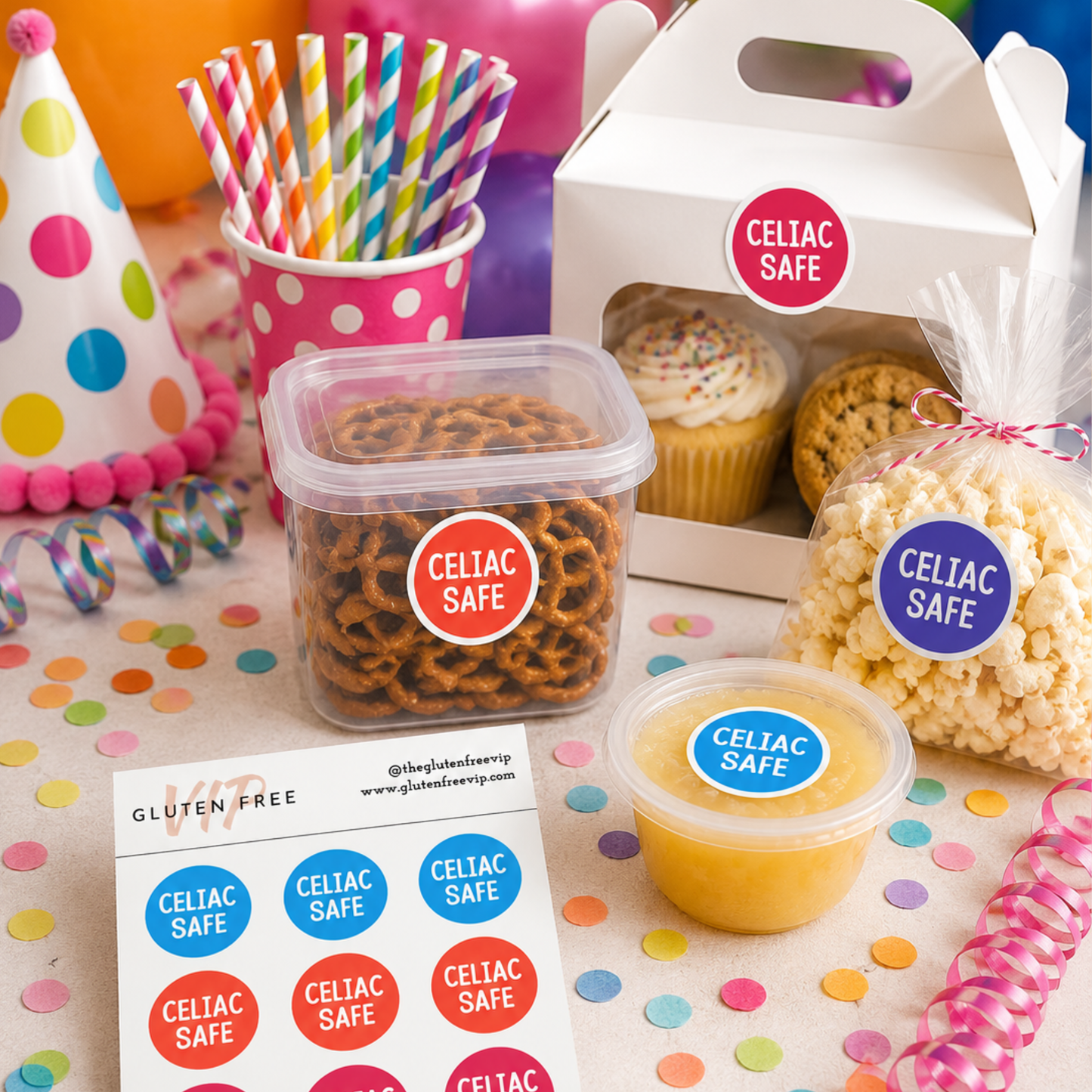 Colourful celiac safe gluten free labels shown on party snacks, treat boxes, containers, and a label sheet in a bright kids party setup with confetti and balloons.