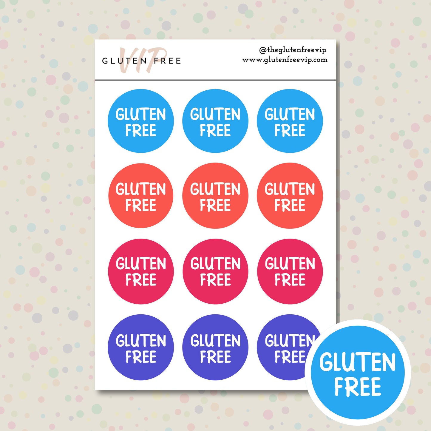 Colourful sheet of round “Gluten Free” kids labels in blue, red, pink, and purple.