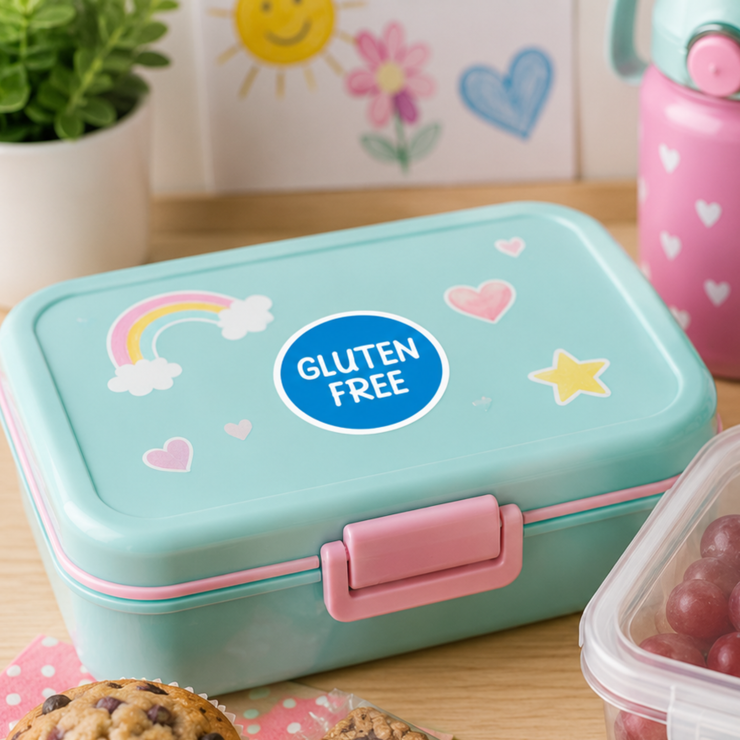 Blue “Gluten Free” label on a mint lunchbox with snacks and a kid-friendly background.