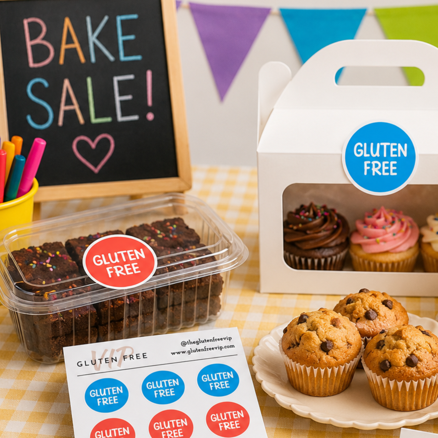 Colourful gluten free labels shown on cupcakes, brownies, and a label sheet in a bright kids bake sale setup.