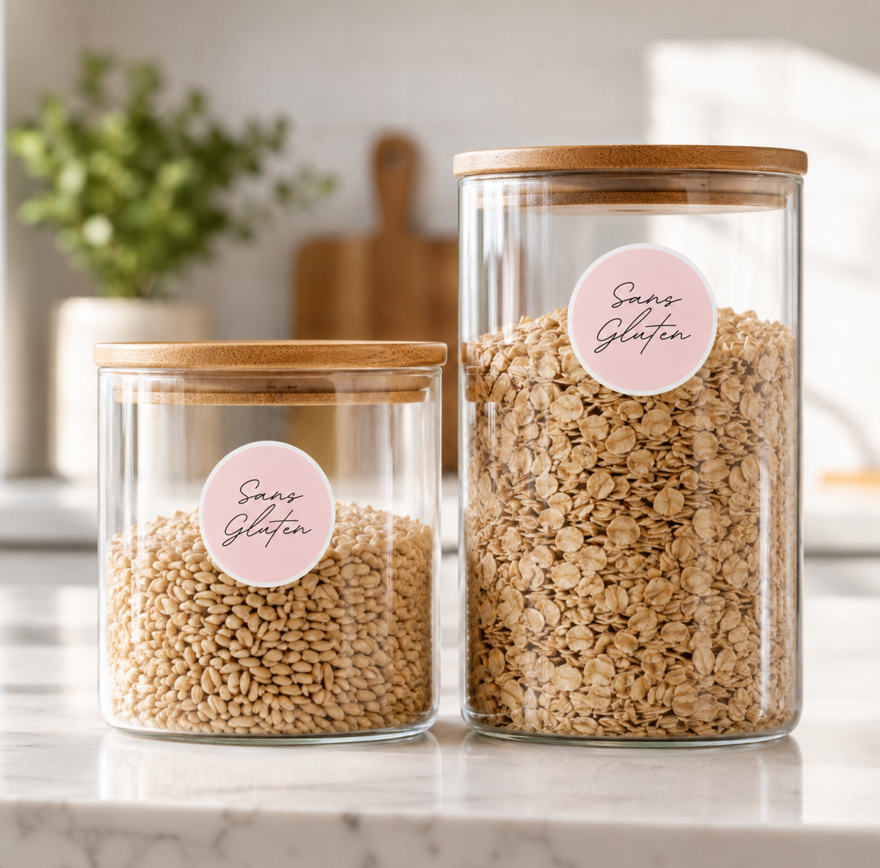 Pink Sans Gluten labels with script-style lettering on glass pantry jars filled with oats and grains