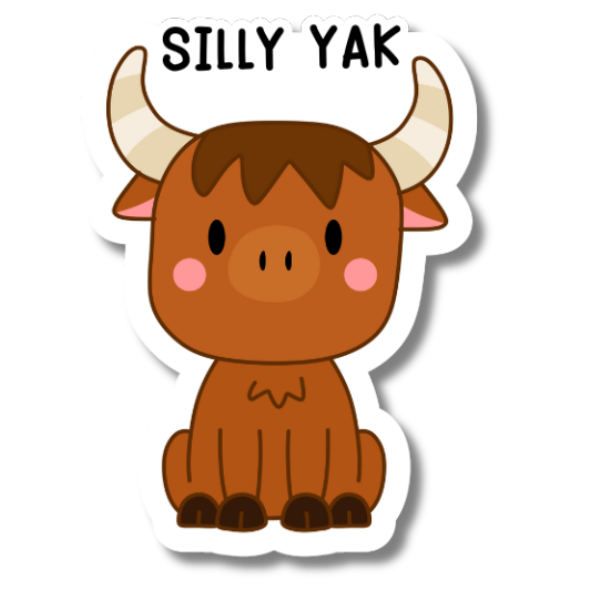 Cute “Silly Yak” sticker with a brown yak character and black text on a white background.