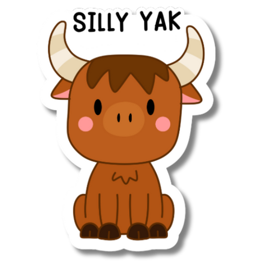 Cute “Silly Yak” sticker with a brown yak character and black text on a white background.