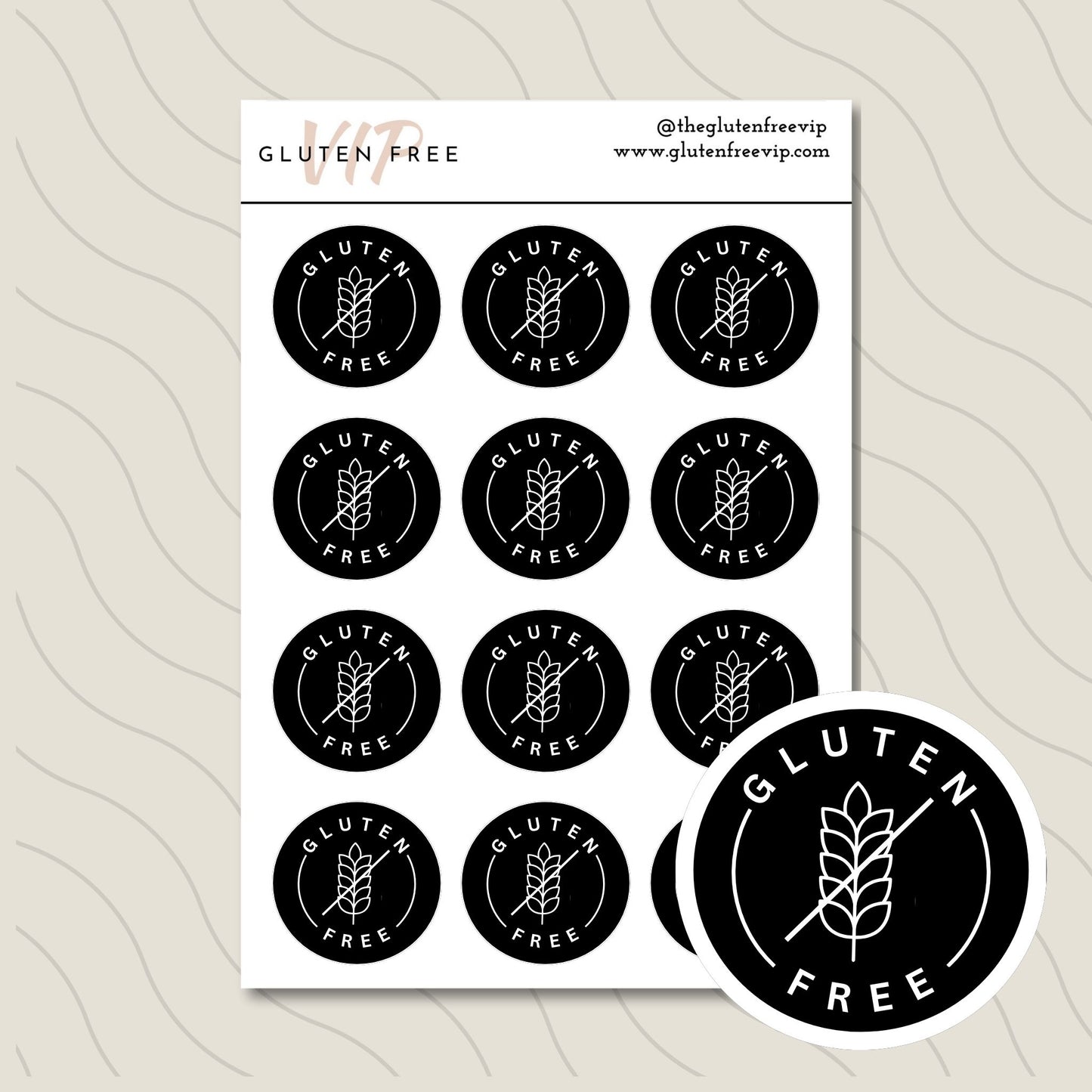 Sheet of black round “Gluten Free” pantry labels with a wheat symbol.